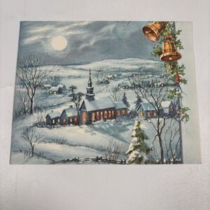 Vintage Christmas Card Church Village Scene Moonlight Bells Charles R. Thomson